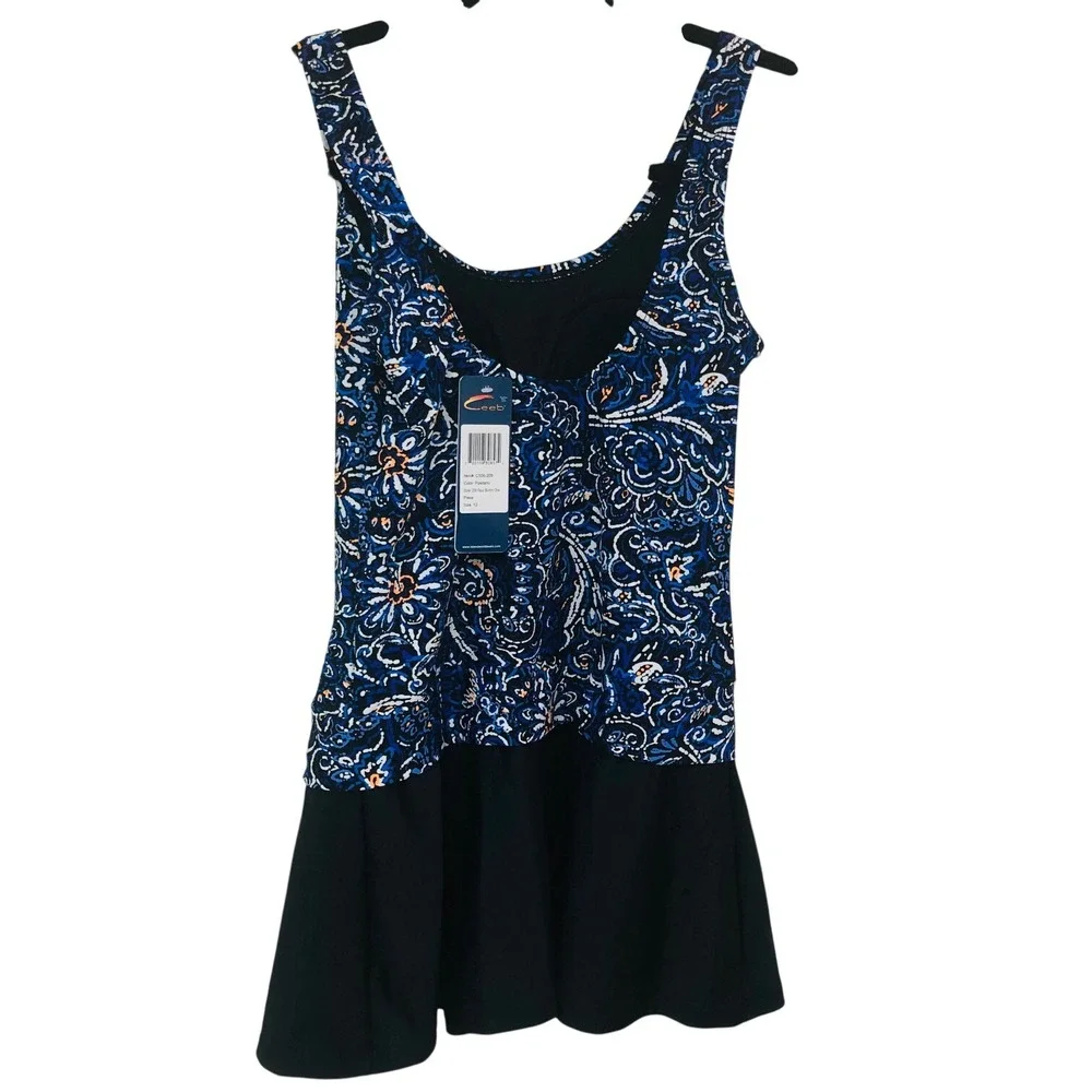 NWT Ceeb Swimdress Faux Skirtini One Piece Paisley Blue Womens 12
